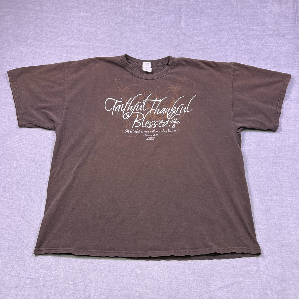Vintage Gildan Mens Brown Faithful Thankful Blessed Christian T-Shirt Size 2XL